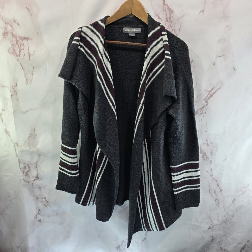 Eddie Bauer Cardigan Womens Medium Gray Red White Stripe Sweater Topper Open